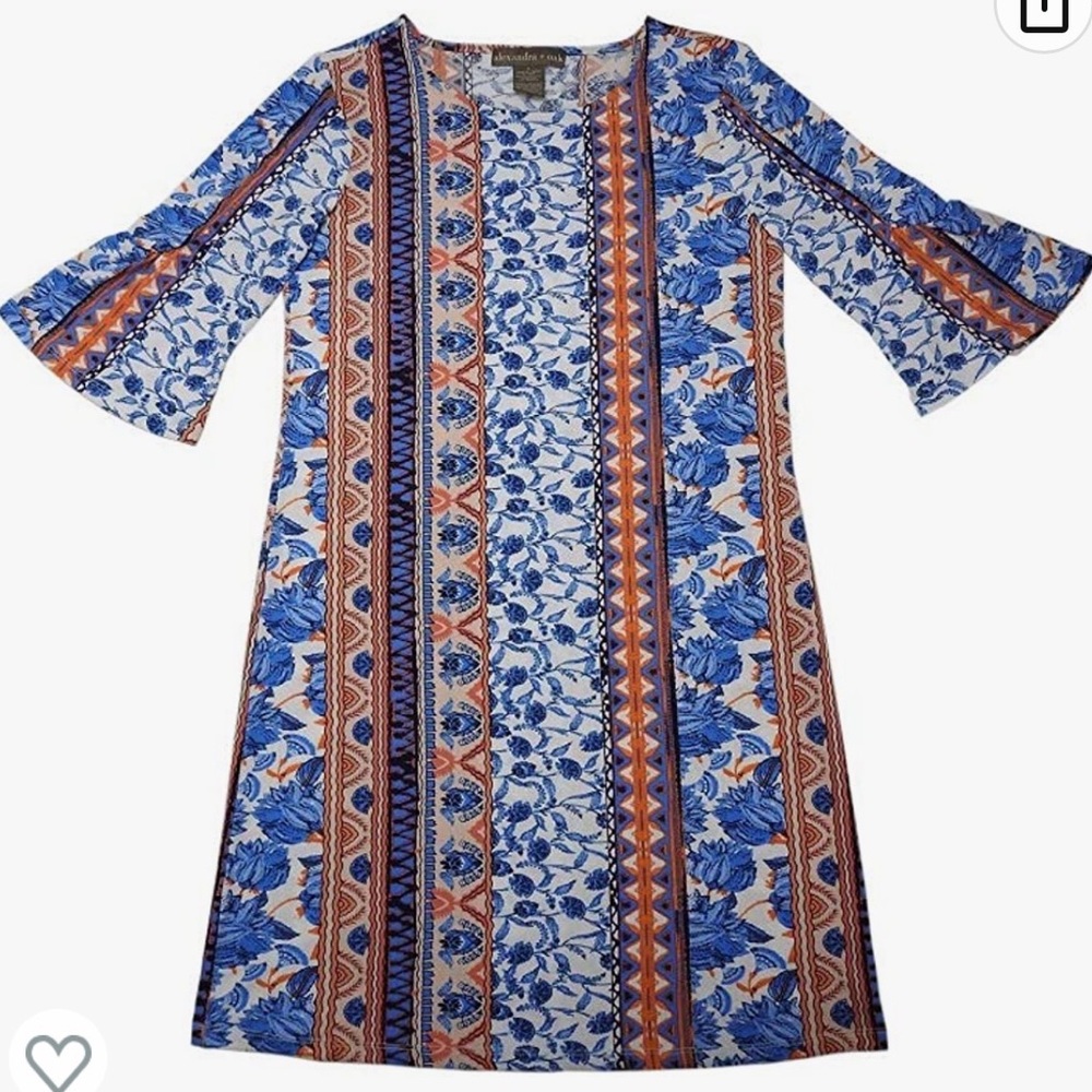 SZ XL Elbow Length Sleeves powder blue & white Shift w/ vertical pattern.